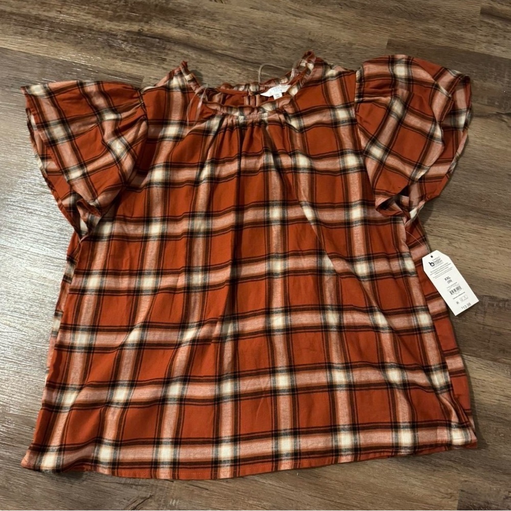 Time and Tru Orange Plaid Top